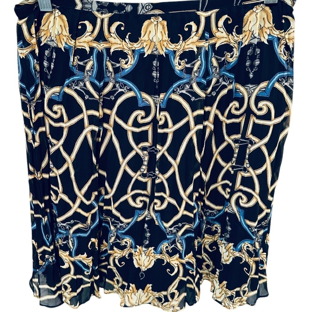J.McLaughlin 100% Silk Pleated Skirt Chain Horsebit Theme Gold Black Blue 8788
